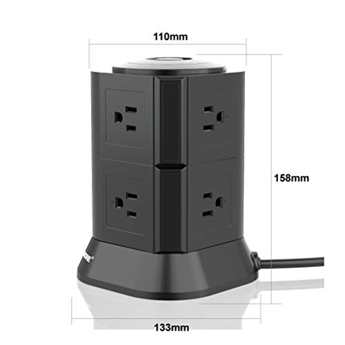 SAFEMORE Desktop Surge Protector Power Strip Tower, Smart 7-Outlet with 2-USB Outlet with 6.5ft/2M Long Extension Cord + 1M Power Cable Multiple Plug Outlet for Home & Office(Black) - Thumbnail 3