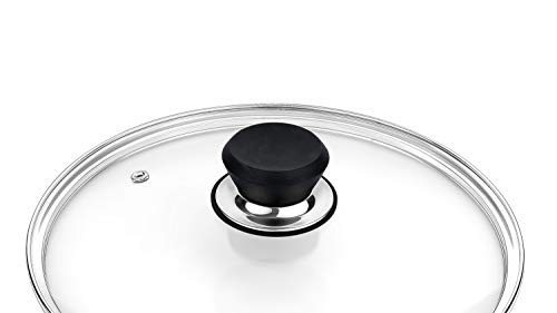 GOURMEX Tempered Glass Cookware Lid with Stainless Steel Rim and Black Handle to Fit Pots, Frying Pans and Skillets, Equipped with Vent Hole, Dishwasher and Oven Safe, Heat Resistant (11 Inc)