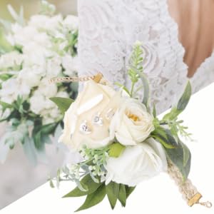Wrist Corsages for Weddings,Jadeshay Bridesmaid Wedding Flowers Corsage with Bracelet,Wedding White Rose Wrist Flowers Artificial Flower Wrist Corsages Bride Home Decor Floral Accessories Hand Flower