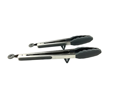 Premium Quality Silicone And Stainless Steel Food Tongs: Built-in Stand & Locking Handle In Charcoal Gray/2 Piece Set, 9 And 12 Inch