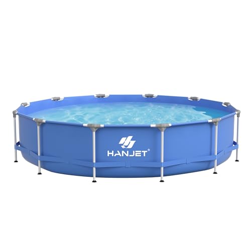 Hanjet Steel Frame Piscina con marco de polietileno, piscina de suelo, piscina de jardín, de verano, con estructura de acero, para exteriores, patio trasero, redonda, color azul (366 x 76 cm)