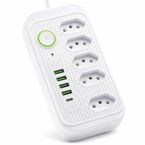 Filtro de Linha 2500W Bivolt com 4 USB + 1 USB-C, 5 Tomadas 3 Pinos, Cabo 2m, Proteção Contra Sobrecarga, Interruptor Liga/Desliga, Régua de Energia para TV, PC, Notebook, Escritório e Setup Gamer
