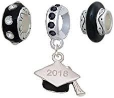 Silvertone 3-D Graduation Hat with 2018 Black Charm Beads (Set of 3)