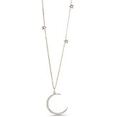 Gem Stone King 925 Sterling Silver Half Moon and Stars Pendant Necklace For Women with CZ Charm and Adjustable Chain Length 16 Inch - 18 Inch