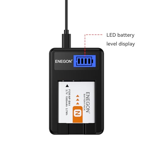 ENEGON NP-BN1 Batteries 2 Pack (1000mAh) and Charger for Sony Cyber-Shot DSC-W800 DSC-W530 DSC-W570 DSC-W650 DSC-W830 DSC-W310 DSC-W330 DSC-TX10 TX20 TX30 DSC-WX100 DSC-W800 DSC-QX10 DSC-QX30