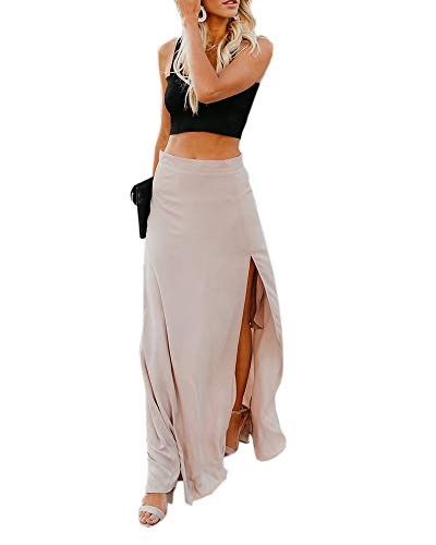Imily Bela Womens High Waisted Chiffon Flowy Vintage Skirts Side Split Long Maxi Bottom Apricot
