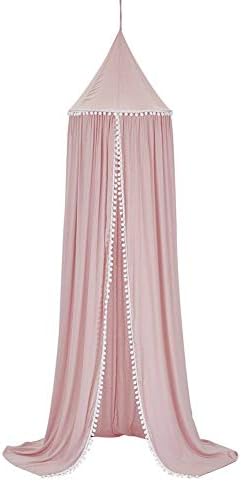 DSDY Kids Bed Canopy with Pom Pom Cotton Hanging Mosquito Net for Baby Crib Nook Castle Game Tent Nursery Play Room Decor Pink