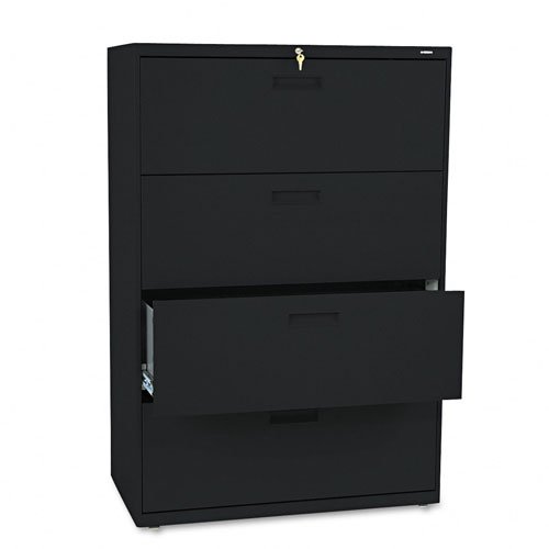 HON Products - HON - 500 Series Four-Drawer Lateral File, 36w x 53-1/4h x 19-1/4d, Black - Sold As 1 Each - An excellent choice for a small office or home office setting. - Heavy-duty three-part telescoping slide suspension operates on steel ball bearing suspension. - Mechanical interlock allows only one drawer to open at a time to inhibit tipping. - Four adjustable leveling glides. - Adjustable hang rails for side-to-side letter/legal filing.