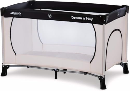 Hauck Lit Parapluie Dream N Play Plus 120x60 cm, pour Bébé et Enfant dès la Naissance Jusqu'à 15 kg, avec Ouverture Latérale, Sac de Transport, Fond Rembourée, Léger, Pliable Compact, Beige