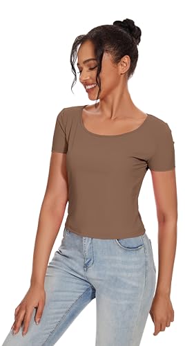 WOMENS T SHIRTS CREW NECK SHORT SLEEVE SHIRTS FOR WOMEN TOPS 2024 CASUAL SLIM FIT FASHION BASIC TEE T SHIRTS(TIRAMISU,M)