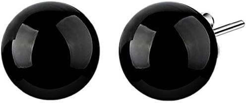 Stud Earrings,Women 925 Silver Plated Round Shaped Onyx Bead Stud Earrings Color Black