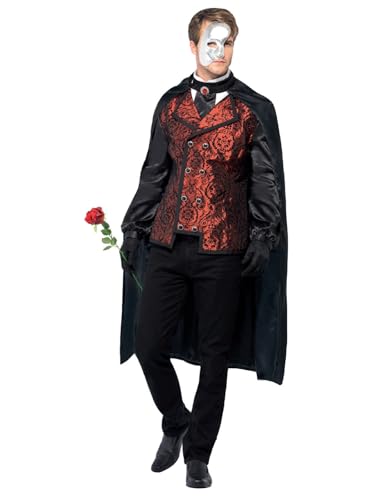 Smiffys Dark Opera Masquerade Costume, Black with Cape, Mock Shirt, Mask, Gloves & Faux Rose, Halloween Carnival of The Damn Fancy Dress, Vampire Dress Up Costumes