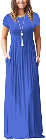 ZIKKER Women Short Sleeve Solid Color Loose Plain Long Maxi Dress Casual Pockets Dresses Blue Medium