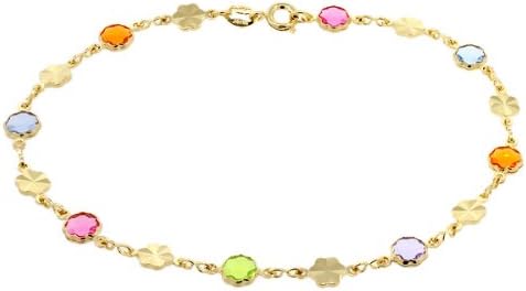 7" Multi-Color Flower Shape Crystal Yellow Gold Plated Brass Bracelet
