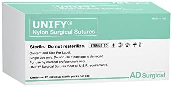 UNIFY Surgical Nylon Sutures. #S-N518R13 Non-absorbable. Mono Black. Size 5/0. 18"45cm Thread. 13mm 3/8 Circle R/C Needle (P-3/P-13). 12 Foil Packs/Box.