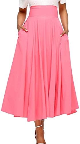 Women's All Seasons High Waist Swing Pleated A Line Full Length Front Slit Belted Maxi Long Skirt