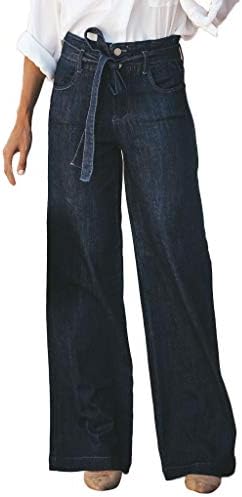 Gogoodgo Women Hight Waisted Jeans, Ladies Bow Tie Button Hole Denim Jeans Solid Wide Leg Jeans