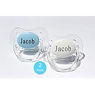 Personalized Pacifier with Name, 2 Pack Blue & White, (0-6 Months & 6-18 Months Available), Engraved Pacifier, Custom Pacifier, CAN BE STERILIZED (0-6 Months)