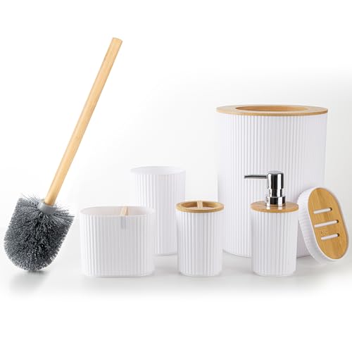 Photo 1 of Fun Memories Bathroom Accessories Set 6 Pieces Bath Ensemble Includes Toothbrush Holder, Soap Dispenser, Toothbrush Cup, Soap Dish for Decorative Countertop and Housewarming Gift, White