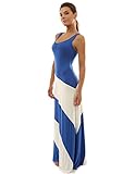 PattyBoutik Women's Racerback Striped Maxi Dress (Blue and Ivory White M)