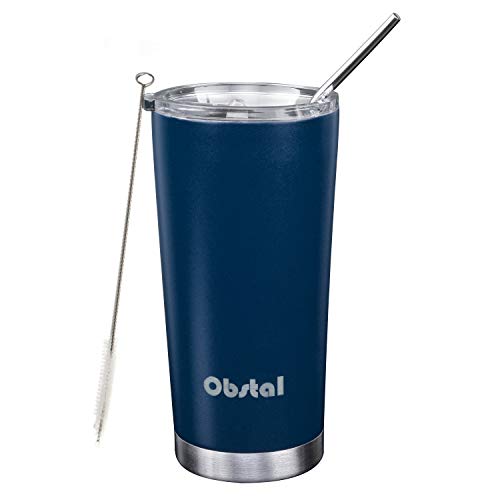 Obstal Stainless Steel Insulated Tumbler - Double Wall Vacuum Travel Mug for Coffee with Straw, Slider Lid, Cleaning Brush, (20oz, Navy)