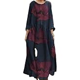Women's Spring Boho Vintage Floral Print Long Sleeve Smocked Maxi Dress Crewnck Plus Size Long Dress with Pockets