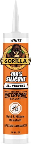 Gorilla 100% Silicone Waterproof Caulk, All-Purpose, White, 10 oz Cartridge | 30-Minute
