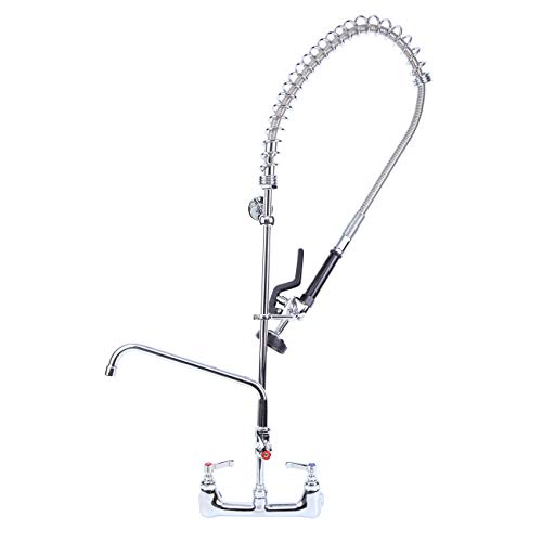 Ridgeyard Commercial Wall Mount Kitchen Sink Faucet Brass Constructed Polished Chrome Pre-Rinse Device 46" Height 8" Center with Coilded Spring Pull Down Sprayer and 12" Add-on Spout