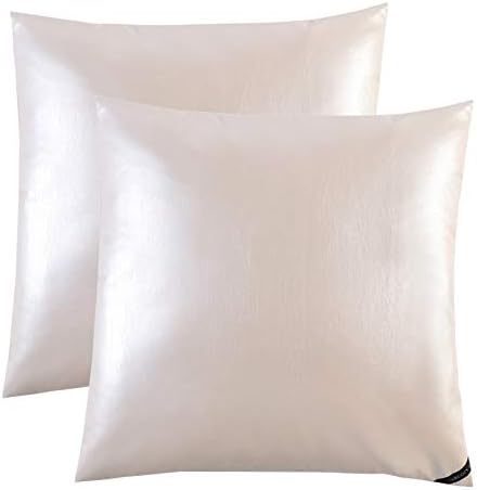 SurCozy Luxury Modern Metallic Soft PU Cushion Cover, Faux Leather Shiny Silver/Golden Decorative Throw Pillow Case for Sofa/Bed/Party (Pearl White Ivory, A Set of Two, Each 18"x18")