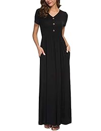 Maxivestidos de manga corta con botones y cuello en V para dama