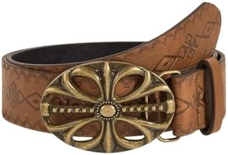 Vintage Western Distressed Embossed Leather Belt with Rhinestone Ring Buckle BC Belts Distressed and Embossed Brown Teal Leather Belt  main image 4