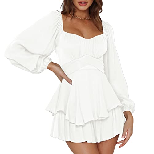 Pink Queen Mono Boho para mujer, manga larga, con volantes, pajarita, Blanco, M