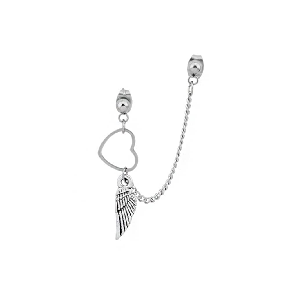 Heart Wing Tassel Chain Drop Dangle Double Piercing Ball Stud Earring for Women Girls Stainless Steel Love Angel Statement Hypoallergenic Ear Crawler Climber Vine Cartilage Tragus Studs 1 Piece
