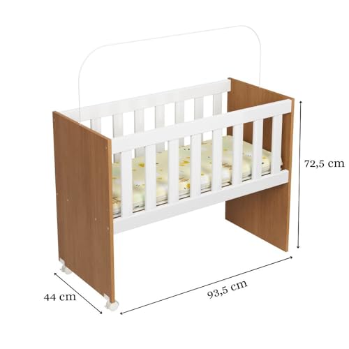 Mini Berço Infantil Nina 2 em 1 Chiqueirinho com Rodízios e Colchão Incluso Portátil Moderno Confortável Seguro Recém-Nascido Bebê Menina Menino Suporte Mosqueteiro (Branco/Freijó)