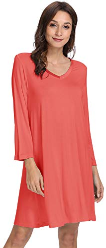 WiWi Soft Bamboo Long Sleeve Nightgowns for Women V Neck Sleep Shirt S-XXXXL(4XL), Peach, X-Large