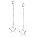 Celestial American Patriotic USA Rock Star Chain Long Linear Dangle Open Star Earrings For Women Teen .925 Sterling Silver 2.5 Inch