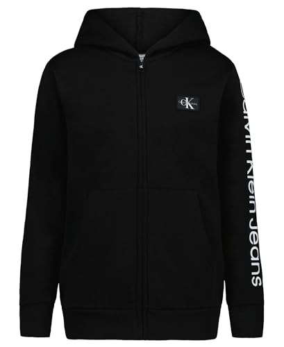 Calvin Klein Boys' Long Sleeve Full Zip Fleece Hoodie, CKJ Black, 10-12