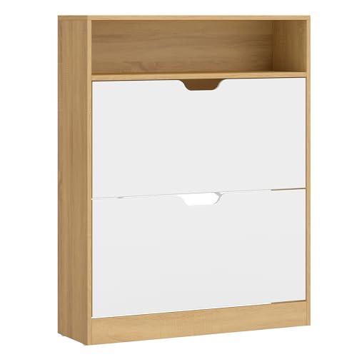 VASAGLE Custos Kollektion - Schuhschrank, Schuhkipper, Schuhaufbewahrung, offenes Fach, Trennwand verstellbar, 2 Klappen, 24 x 80 x 102 cm, 14-16 Paar