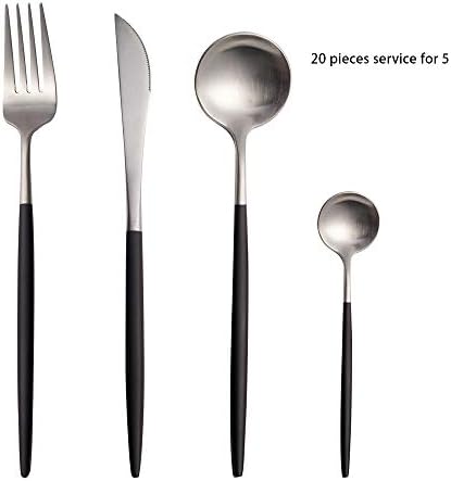 20-Piece Cutlery Sets Matte Black Include Knife Fork Spoon Stainless Steel Flatware Set with Black Round Handle Service for 5