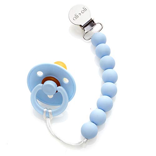 Modern Pacifier Clip for Baby - 100% BPA Free Silicone Beads (Baby Blue) Binky Holder for Newborn - Infant Baby Shower Gift - Universal fit MAM - Philips Avent