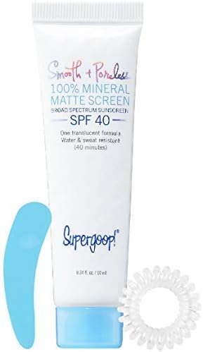 Supergooop! Smooth + Poreless 100% Mineral Matte Screen Sunscreen SPF 40 Travel Size (Free Blue Facial Spatula & Spiral Hair Tie Included)