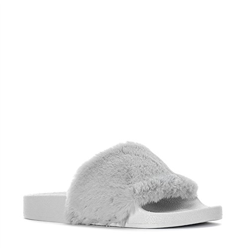 JeffreyD Women's Flip Flop Faux Fur Soft Slide Flat Slipper Platform Rubber Soles Comfy Sandals (8, Gray)