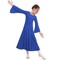 MYRISAM Kids Girls Praise Dance Robe Liturgical Solid Color Bell Sleeve Dress Full Length Loose Fit Worship Costume Royal Blue 10-11T