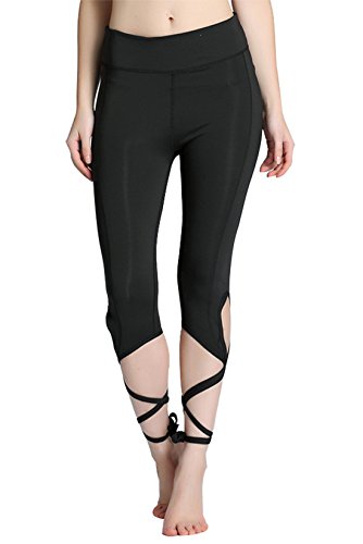 OVESPORT Women Yoga Leggings High Waist Workout Dance Pants With Ballet Ribbon (M, Black2088) - Thumbnail 6