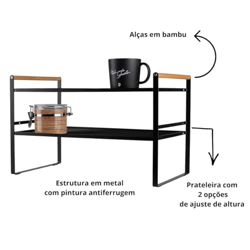 Prateleira Organizadora de Cozinha 2 Andares 33x33x20cm | Organizador de Armário Aramado em Metal Resistente com Cabo de Madeira Antiferrugem para Louças e Utensílios (Preto)