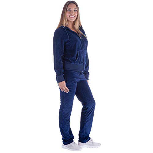 TanBridge Women Velour Tracksuit Set 2 Piece Outfit Hoodie & Sweatpants Jogger Sets Navy 2XL