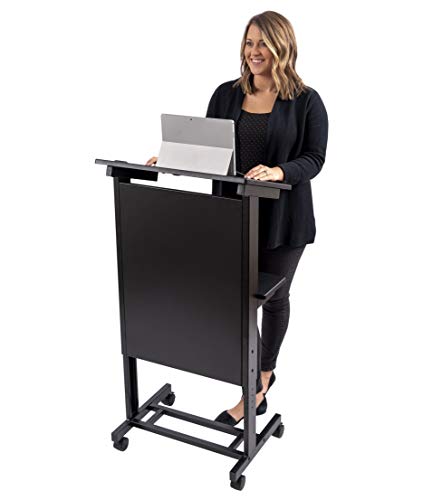 Stand Up Desk Store Mobile Adjustable Height Lectern Podium, Heavy Duty Steel Frame (Black Frame/Black Shelves)