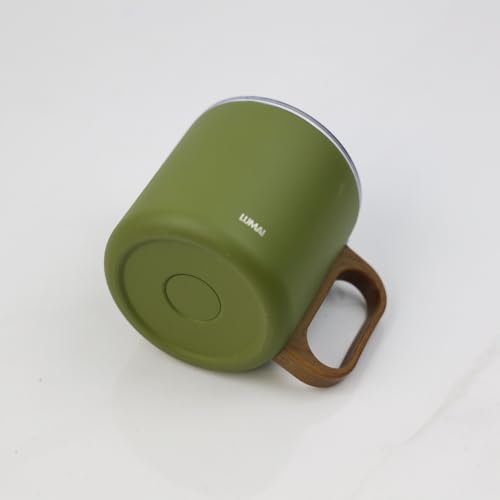 LUMAI Caneca Térmica 350ml Inox com Tampa Antivazamento Premium - Verde | Caneca de Café Caraíva, Aço Inox 304, Parede Dupla com Isolamento Térmico, Alça Estilo Madeira, Bebidas Quentes ou Frias