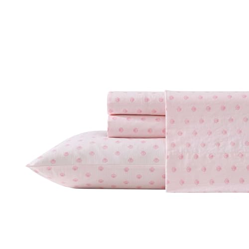 Laura Ashley - King Sheets, Cotton Percale Bedding Set, Lightweight & Breathable Home Decor (Scallop Dollop Pink, King)