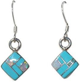 Small Handcrafted Square Shape St. Silver Inlaid Stabilized Turquoise Created Fire Opal Earrings